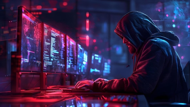 Um hacker com capuz opera em uma sala mal iluminada cercada por telas de computador Conceito Ameaças de cibersegurança Atividades da Dark Web Crime cibernético Tendências Riscos de violação de dados Medidas de segurança digital