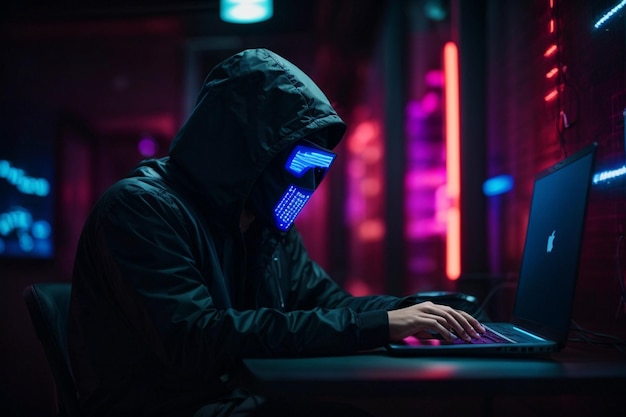 Um hacker com rosto escondido usando um computador em uma sala escura e com luzes de néon