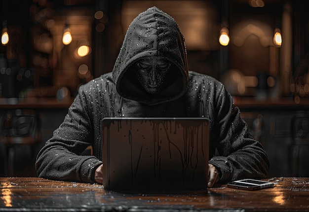 Um hacker com um capuz preto sentado em uma mesa com um computador portátil contra um fundo escuro Suave