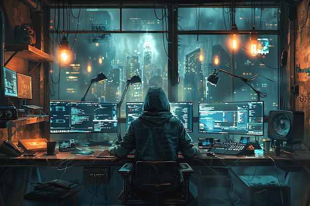 Um hacker com um capuz sentado em uma mesa com três monitores trabalhando para invadir sistemas do