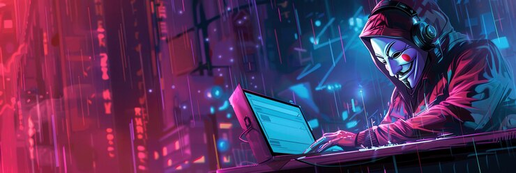 Foto um hacker com uma máscara imerso em codificação em um laptop cercado por luzes de néon e chuva em um ambiente urbano vibrante durante a noite ia geradora