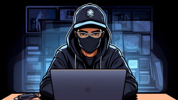 um hacker de capuz sentado em seu computador