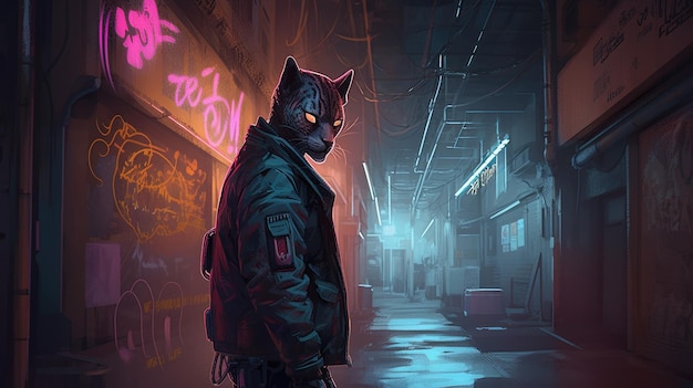 Um hacker em um beco iluminado por neon com uma pantera robótica Conceito de fantasia Ilustração pintura IA generativa