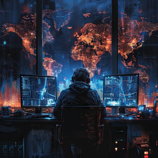 Um hacker sentado em sua mesa no escuro com vários monitores em que ele está trabalhando em um ataque p