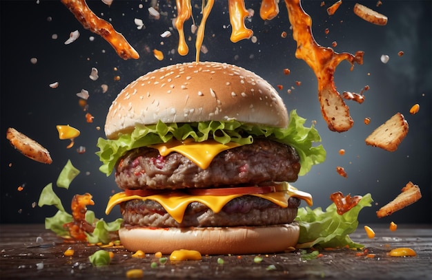 Um hambúrguer a cair em pedaços suculentos.