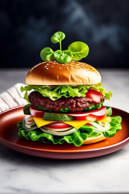 Um hambúrguer com alface e tomate por cima