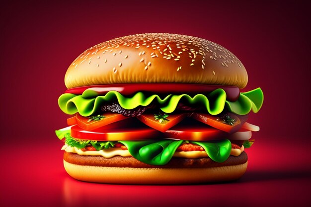 Um hambúrguer com alface, tomate e alface.