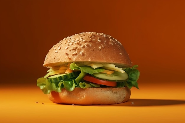 Um hambúrguer com alface, tomate e queijo.