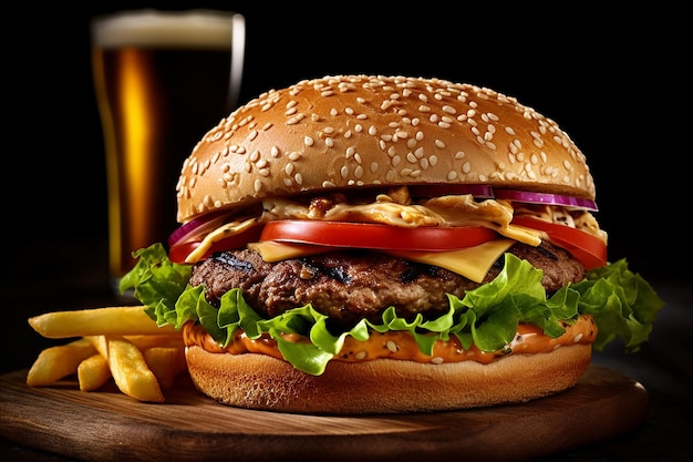 Um hambúrguer com alface, tomate e queijo