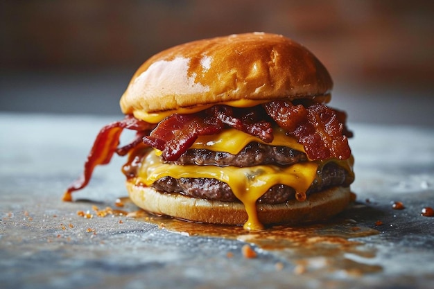 um hambúrguer com bacon e queijo em uma mesa