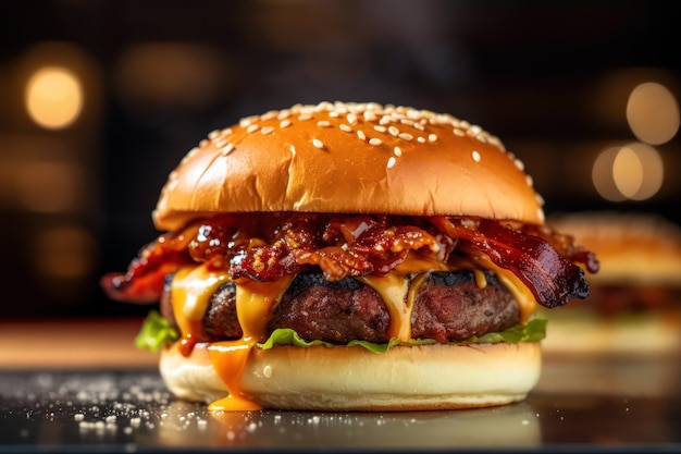 Um hambúrguer com bacon e queijo em uma mesa