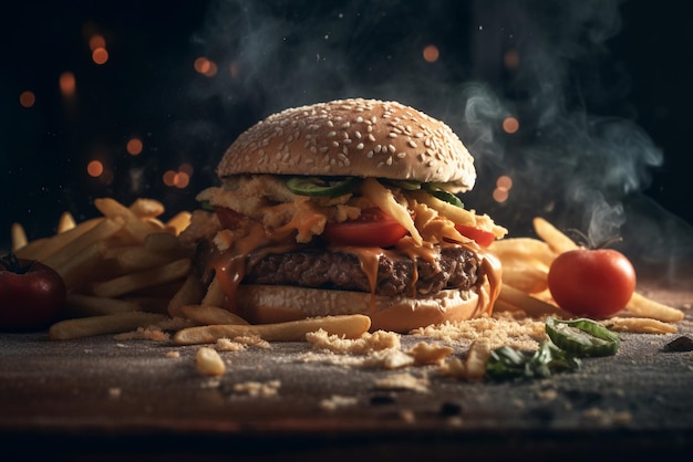 Um hambúrguer com batatas fritas e tomate