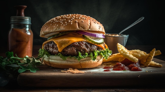 Um hambúrguer com batatas fritas e uma tigela de ketchup.