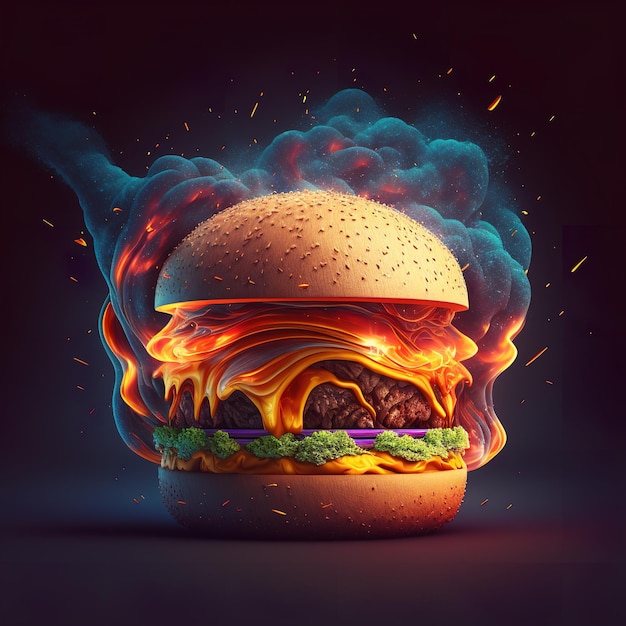 Um hambúrguer com chamas e fumaça nele