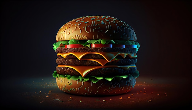 Um hambúrguer com coberturas verdes e amarelas fica sobre uma superfície escura.