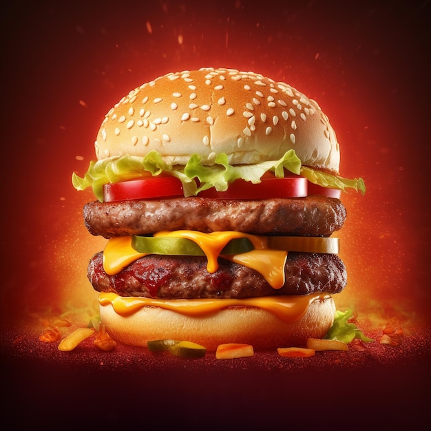 Um hambúrguer com fundo vermelho e um fundo vermelho