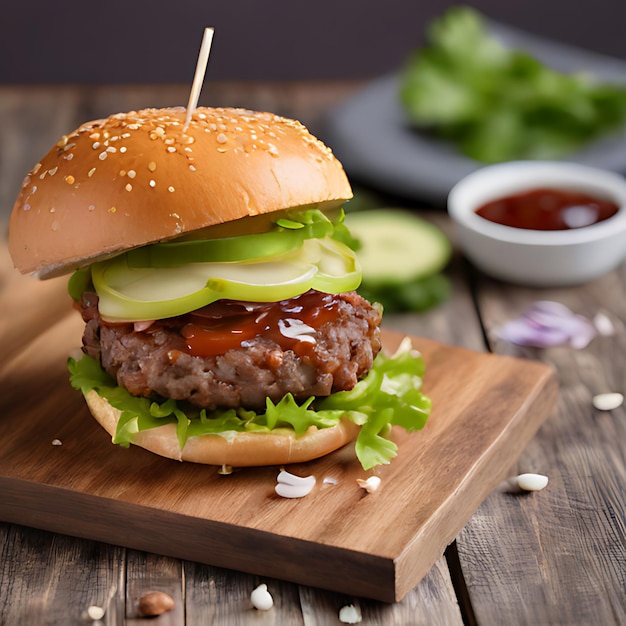 um hambúrguer com ketchup e ketchup em uma mesa de madeira