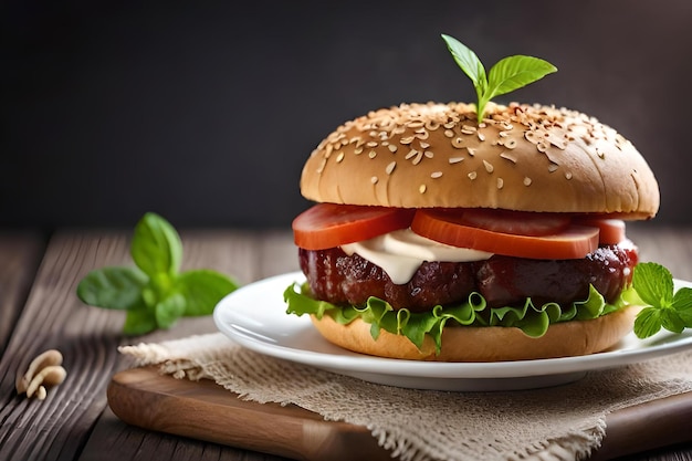 Um hambúrguer com molho de tomate e alface em um prato