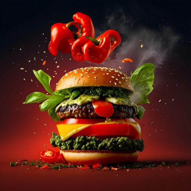 Um hambúrguer com muitos vegetais e um fundo publicitário vermelho