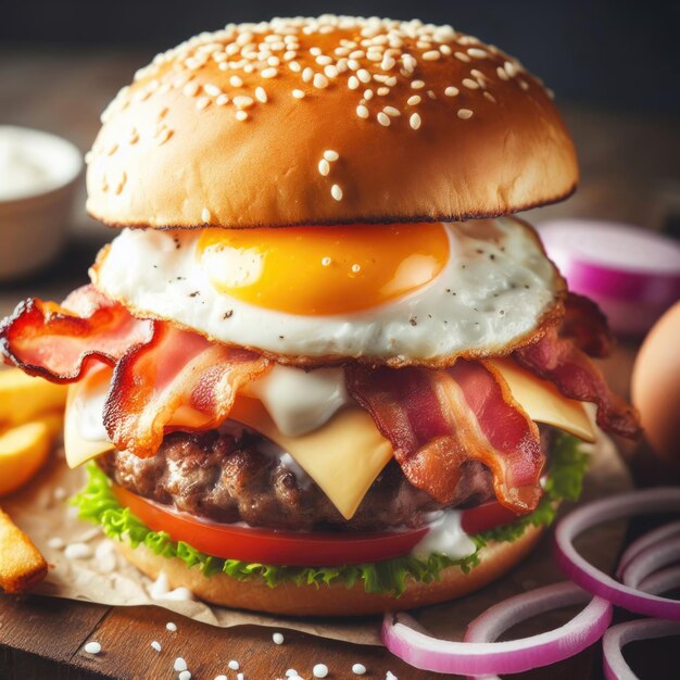 Foto um hambúrguer com ovo e bacon do restaurante de fast food.