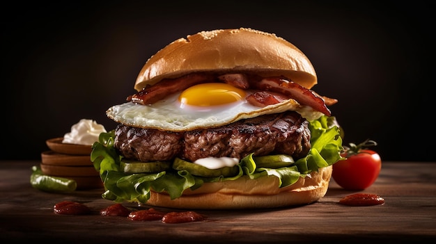 um hambúrguer com ovo e bacon em uma mesa de madeira.
