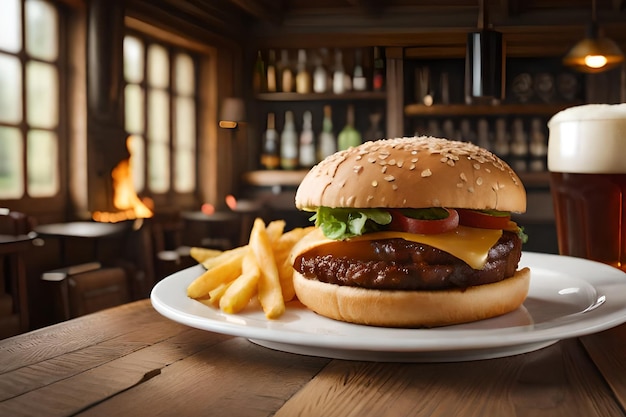 Um hambúrguer com pão e batatas fritas na mesa de um bar.