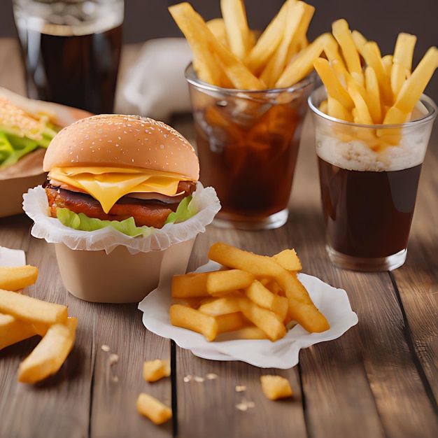 um hambúrguer com queijo e batatas fritas em uma mesa com uma bebida e uma bebida