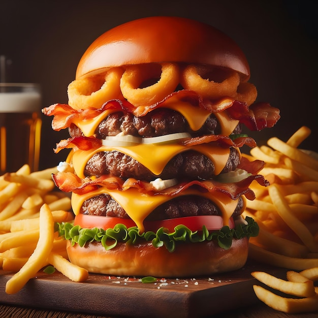 Foto um hambúrguer com queijo e ketchup em cima dele senta-se em uma mesa