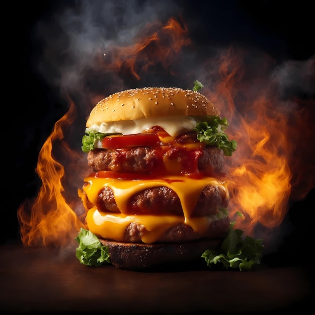 um hambúrguer com queijo e ketchup está em chamas.