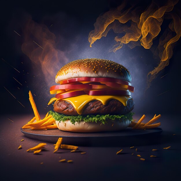 Um hambúrguer com queijo e legumes é mostrado com um raio ao fundo