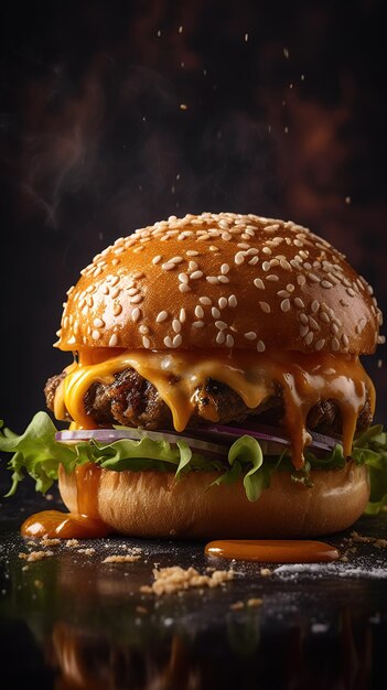 Um hambúrguer com queijo e molho de tomate por cima.