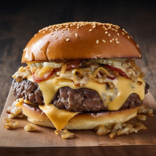 Um hambúrguer com queijo e molho está sobre uma mesa de madeira.