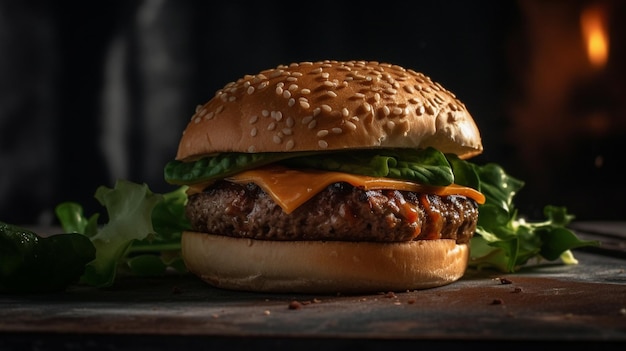Um hambúrguer com queijo e uma folha de alface ao lado
