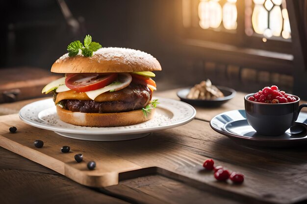 Um hambúrguer com queijo está sobre uma mesa com uma xícara de molho e uma tigela de molho de cranberry.