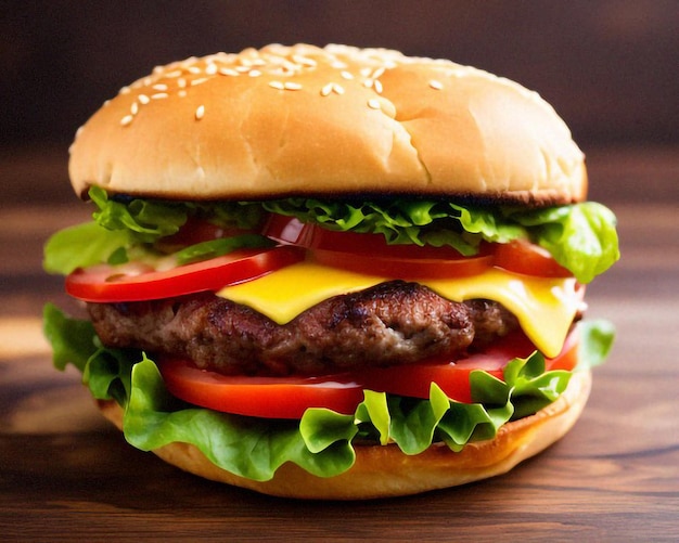 Um hambúrguer com tomate alface e queijo nele