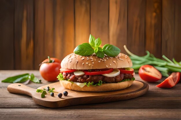 Um hambúrguer com tomates e tomates em uma mesa de madeira