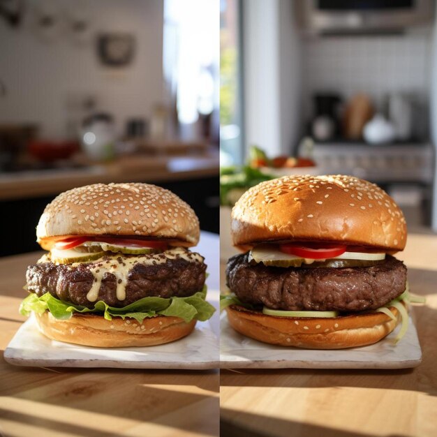 Foto um hambúrguer com um hambúrguer e uma garrafa de molho de tomate em cima