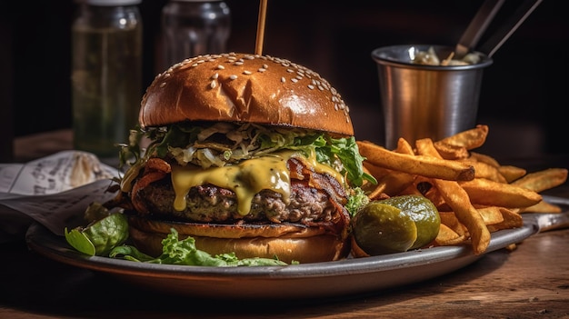 Um hambúrguer com um lado de batatas fritas e um lado de picles