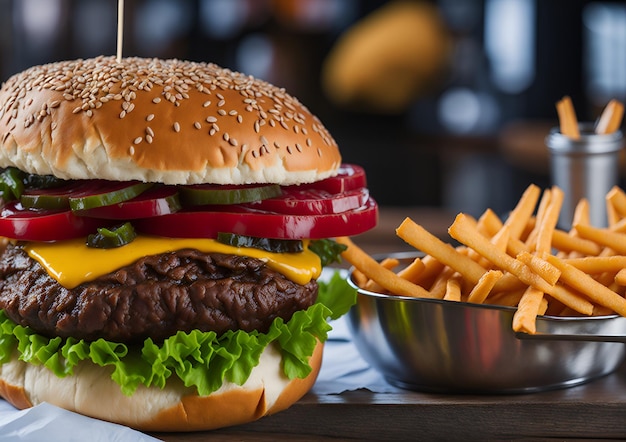 Um hambúrguer com um lado de batatas fritas em uma mesa