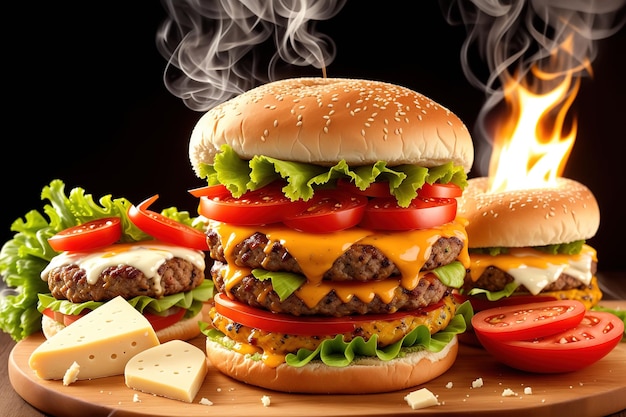 Um hambúrguer com um lado de queijo e tomate