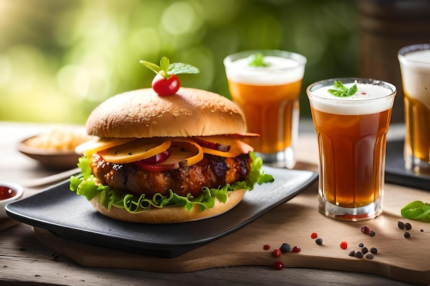 Um hambúrguer com um monte de cerveja ao fundo