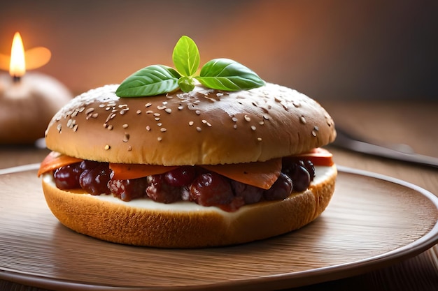 Um hambúrguer com um pão de gergelim por cima