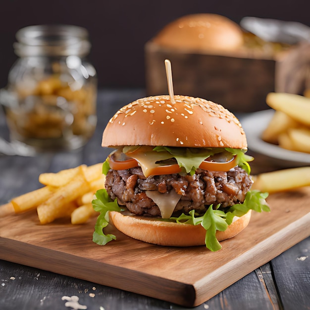 um hambúrguer com um pão e batatas fritas em uma mesa de madeira