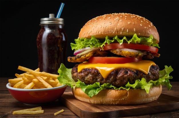 um hambúrguer com um recipiente de batatas fritas e uma garrafa de ketchup