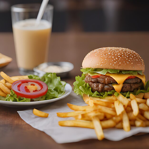 um hambúrguer com um tomate vermelho e batatas fritas em uma mesa