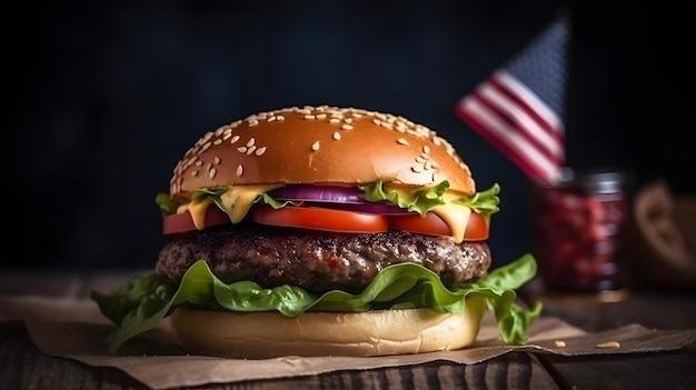 Um hambúrguer com uma bandeira