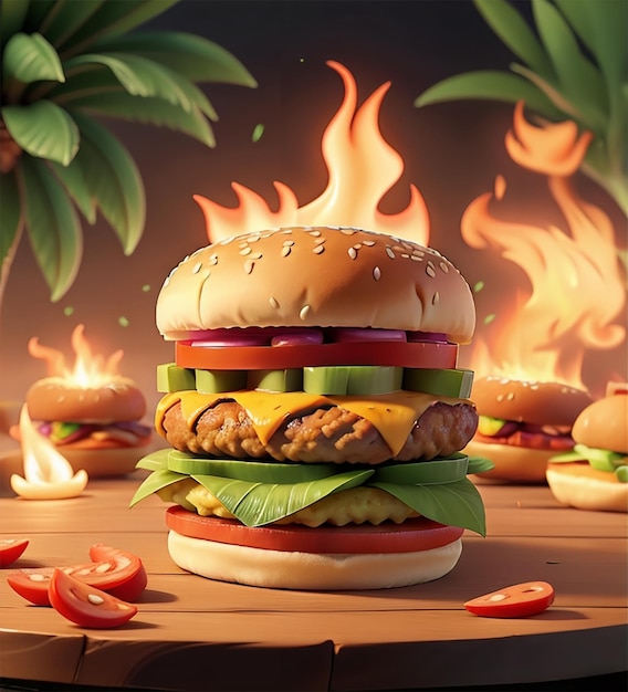 Um hambúrguer com uma chama nele.