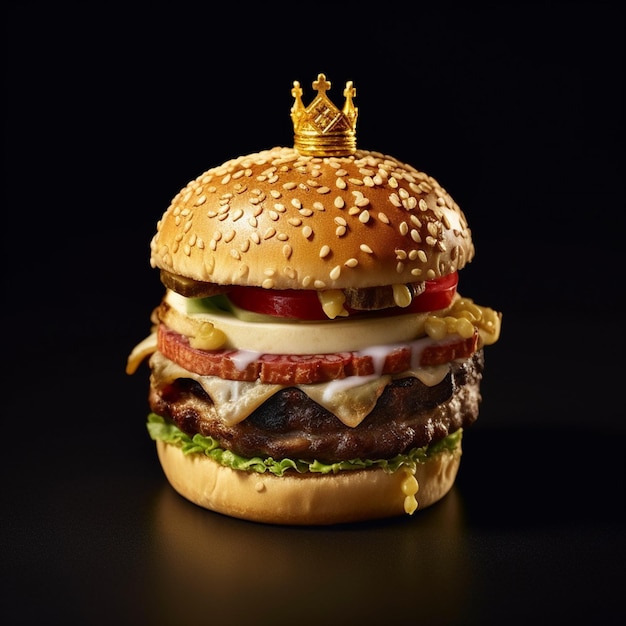 Foto um hambúrguer com uma coroa sobre ele e uma coroa sobre ele.