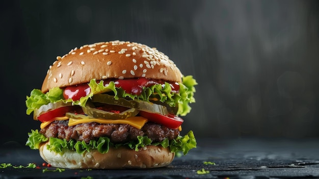 Um hambúrguer com uma costela frita castanha-dourada sobre um fundo escuro cria uma visão deliciosa