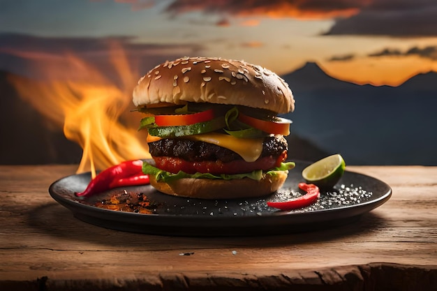 Um hambúrguer com uma grelha está sobre uma mesa com uma fogueira ao fundo.